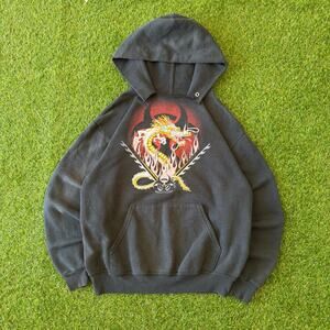 Y2K Mens Black Dragon Flame Jerzees Hoodie M